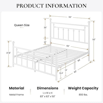 SHA CERLIN 14'' Queen Size Metal Platform Bed Frame/Victorian Headboard and Footboard/Steel Slats Mattress Foundation for Storage/No Box Spring Needed/Noise Free/White