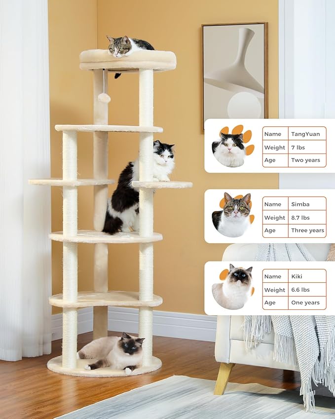 PETEPELA 61" Cat Tree for Indoor Cats, [6-Levels] Cat Climbing Tower with 9 Sisal Scratching Posts and Replaceable Dangling Ball &Top Perch, Beige-Mewly Pet