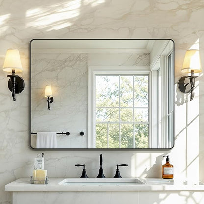 Kosmonia 40x30 Bathroom Vanity Mirror for Wall, Aluminum Framed, Farmhouse Rectangle, Anti-Rust, HD Reflection Anti-Desilvering, Distortion Free, Tempered and Shatter-Proof Wall Mounted Mirror, Black