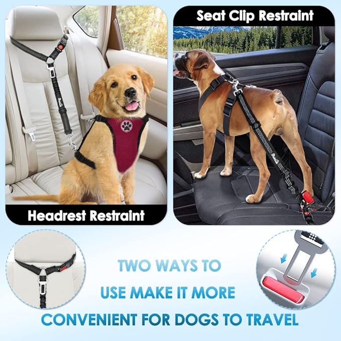 SlowTon Dog Seat Belt for Car, 2 Pack Dog Car Harness Seatbelt Adjustable with Elastic Bungee Buffer, 2 in 1 Pet Car Leash Headrest Restraint Dog Reflective Safety Tether (Black, Headrest+Clip)-Mewly Pet