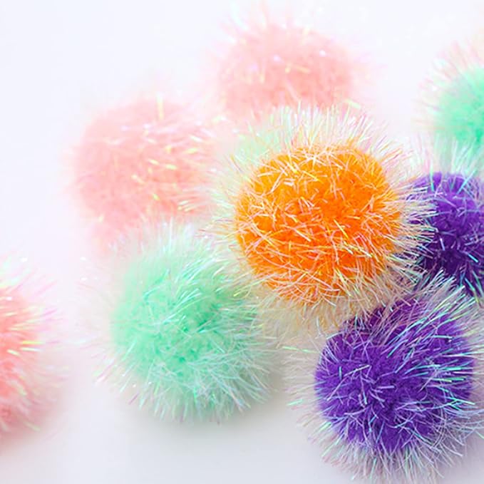 Cat Pom Pom Sparkle Fuzzy Balls 2 Inches Interactive Cat Toy Assorted Color 12 Pack-Mewly Pet