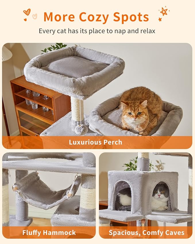 Taoqimiao Cat Tree, 71-Inch Cat Tree Cat Tower for Indoor Cats, Plush Multi-Level Cat Condo with 10 Scratching Posts, 2 Perches,Basket, 2 Caves,Hammock, 2 Pompoms,MS020W Light Gray-Mewly Pet