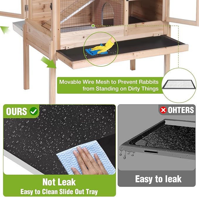 GUTINNEEN Indoor Guinea Pig Cages - Wooden Rabbit Cage Bunny Hutch with Chew-Proof Ramp, Pull-Out Tray, Leakproof PVC Layer & Detachable Legs for Rabbits, Guinea Pigs (Natural Wood)-Mewly Pet