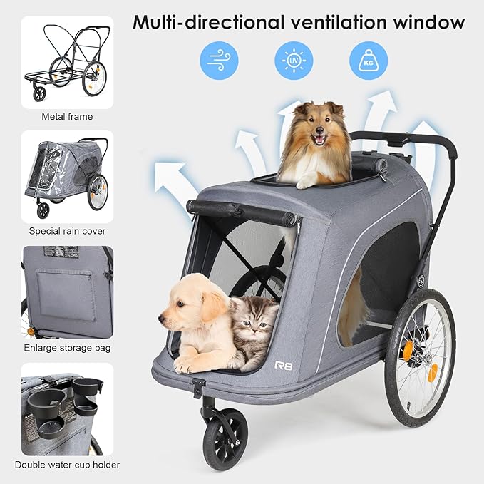 R8 Extra Large Foldable Pet Stroller, Dog Stroller & Pet Trailer for Large Dogs Under 100 lbs, Unmovable, Disabled & Pregnant Dogs - Conveniently Carriable by Bike and Car, Grey-Mewly Pet