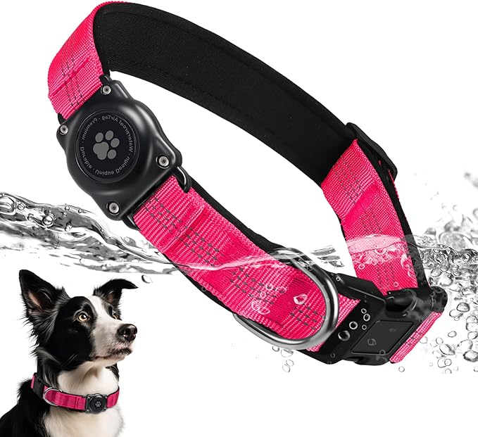 Upgraded AirTag Dog Collar, IP68 Waterproof Air Tag Dog Collar Holder, Reflective, Ultra-Durable, Comfortable Padded, Heavy Duty Dog Collars for Small Medium Large Dogs (XS (10.25"-13"), Hotpink)-Mewly Pet