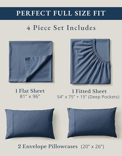 LANE LINEN Eco Friendly 100% Organic Cotton Fully Elasticized Full Sheet Set, Low Pilling Fade Resistant Machine Washable Naturally Cooling Full Bed Sheets, Soft & Comfy Cotton Bedding - Estate Blue