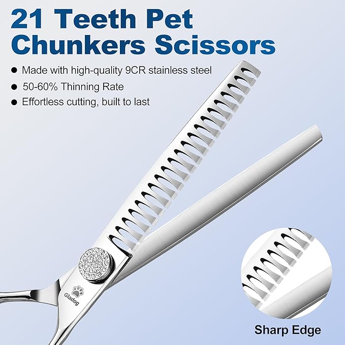 GLADOG 7" Chunkers Dog Grooming Scissors - Premium 9CR Dog Scissors for Grooming with Luxurious Diamond Nut，Ideal Dogs Shears for Reducing Bulk, Dogs Hair Scissor，Cat Scissor-Mewly Pet