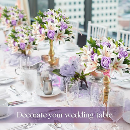 Hotop 20 Pcs Artificial Flowers Velvet Realistic Roses and Latex Lilies Flowers Bouquet Decorations Arrangements for Home Table Centerpieces Independence Day(Purple, White)