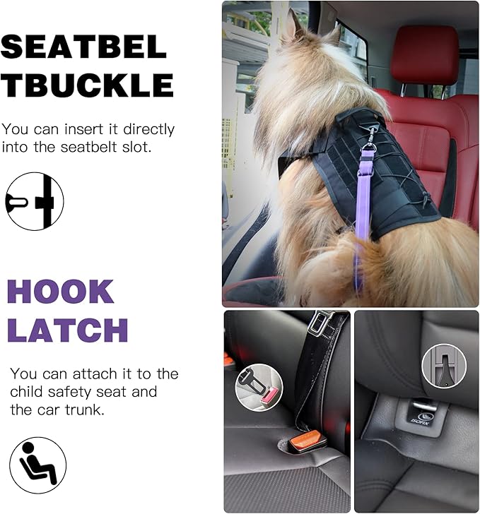 AUBELL Dog Seat Belt for Car,2 Pack Set 3-in-1 Adjustable Reflective Bungee Heavy Duty Dog Car Harness Tether with Clip Hook Latch & Buckle,Swivel Zinc Alloy Carabiner,Black+Purple-Mewly Pet
