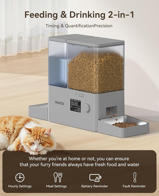 Rojeco 36Cups/8.5L Pet Automatic Cat Feeder and Gravity Water Dispenser,Stainless Steel Bowls 2-in-1 Set Large Capacity 5L Food Feeder and 3.5L Water Fountain for Cats,Pets,Small Dogs,Grey-Mewly Pet