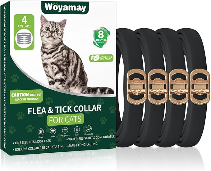 4 Pack Flea Collar for Cats, Cat Flea and Tick Treatment, 8 Months Protection Flea and Tick Prevention for Cats, Waterproof Cat Flea Collar, Adjustable Cat Flea and Tick Collar for Cats Kittens, Black-Mewly Pet