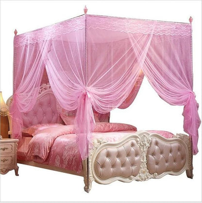 4 Corners Post Pink Canopy Bed Curtain Full Bed for Girls & Adults - 4 Opening Mosquito Net - Princess Bedroom Decoration