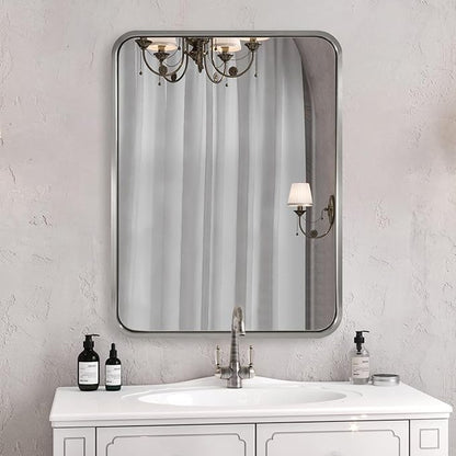ANDY STAR 24x32 INCH Brushed Nickel Mirror, Rounded Rectangle Silver Metal Framed Mirrors for Bathroom Anti-Rust SUS304, Tube Metal Frame, 1’’ Deep Wall Mounted Vertically/Horizontal