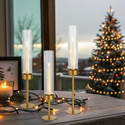 Glass Hurricane Candle Holders Set (18pcs)-Gold Metal Base Taper Candle Stick Holders for Candlesticks Holder Decor, Elegant Dining Table Centerpiece for Wedding, Christmas & Home Decor-Ribbed Glass