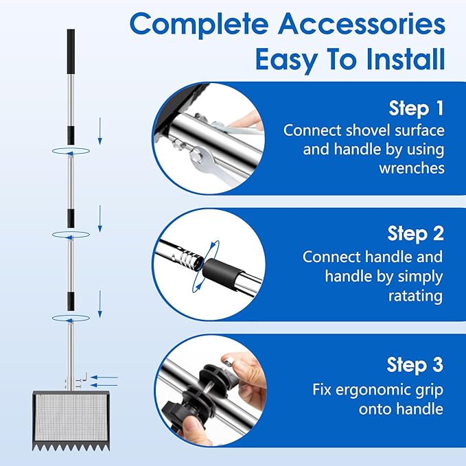 Chicken Poop Scooper & Rake 2-in-1, 32 to 68" Adjustable Stainless Steel Chicken Litter Scoop with Handle and Glove for Chick Coop Sands Multifunctional Litter Sifting Shovel for Hen Animals House-Mewly Pet