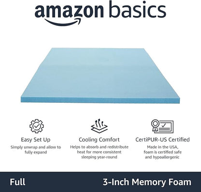 Amazon Basics Full Mattress Topper, Cooling Gel-Infused, CertiPUR-US Certified, 3 Inches, Blue