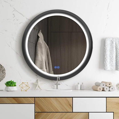 Round LED Bathroom Mirror with Lights, Front Lit Makeup Mirror, Anti-Fog, 3 Colors and Dimmable Light, 36 Inchs Black