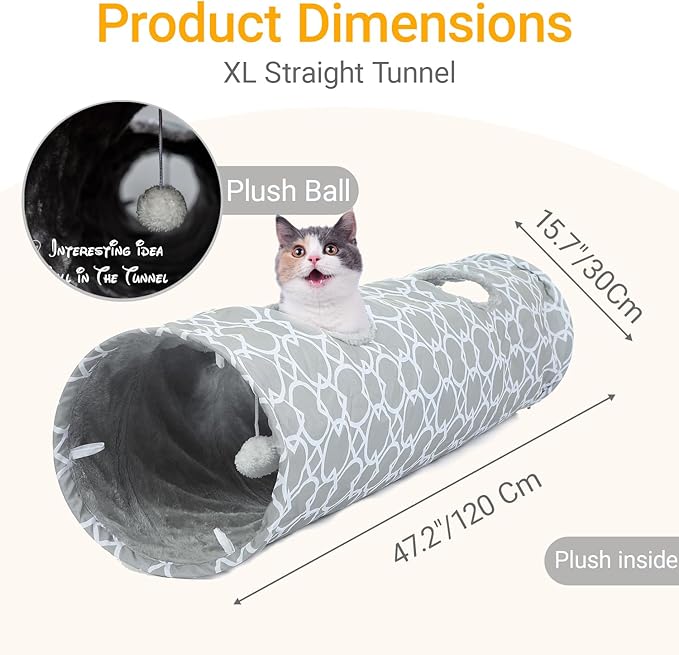 LUCKITTY Geometric Straight Cat Tunnel with Plush Inside,Cats Toys Collapsible Tunnel Tube with Balls, for Rabbits, Kittens, Ferrets,Puppy,Diameter 11.8 Inch-Mewly Pet