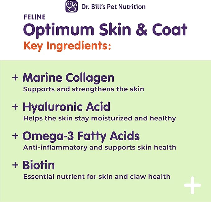 Dr. Bill’s Feline Optimum Skin & Coat – Fish Oil Omega-3 Fatty Acids for Cats Healthy Fur | Reduce Shedding and Hairballs with Biotin, Type I & III Marine Collagen, Hyaluronic Acid, & Folic Acid-Mewly Pet