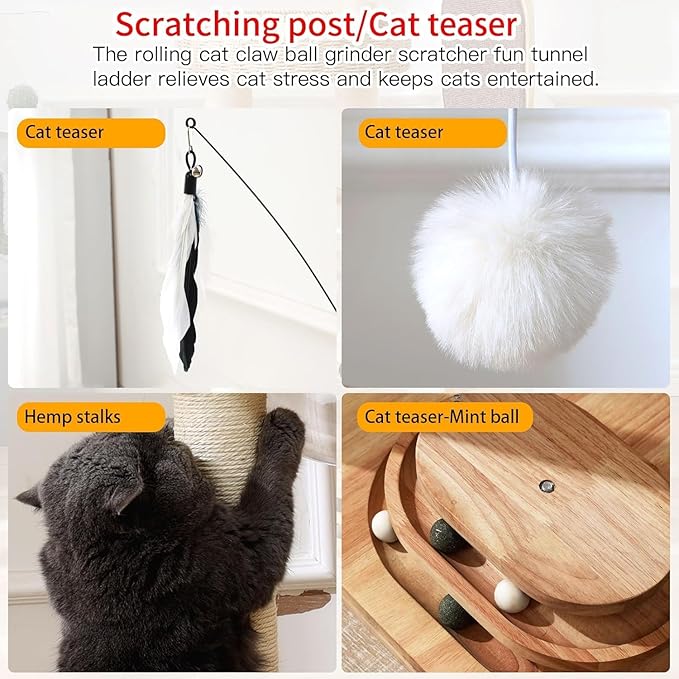 34 Inch Solid Wood Cat Tree Tower with Space Capsule, Hand-Woven Basket Nest, Feather Toy, Hanging Balls, Sisal Posts, 4-Tier Indoor Climbing Cat Tower for Kittens-Mewly Pet