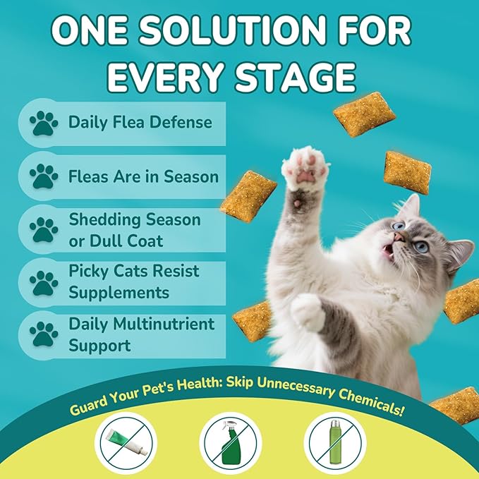 4-IN-1 Flea and Tick Prevention for Cats, 500 Crunchy & Creamy Chews, Cat Flea Treatment, Natural Oral Flea Treatment for Cats, Daily Support for Flea, Immune, Skin & Coat, Gut, Chicken Flavor-Mewly Pet