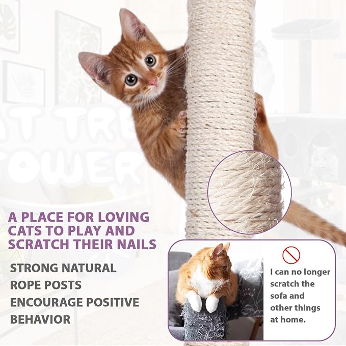 70 Inches Cat Tower for Indoor Cats, Multi-Level Cat Condos with Scratching Posts, Hanging Toys, Ashy-Mewly Pet