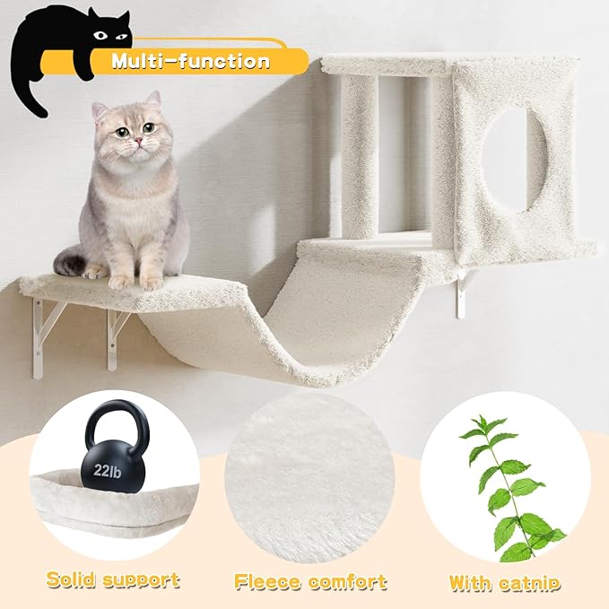 NUNU LAB Wall Mounted Cat Furniture, 6 Pcs Cat Wall Shelves with Condo House, Bridge, Steps, Scratcher, Hammock, Indoor Safe & Stable Furniture for Kittens Play, Beige-Mewly Pet