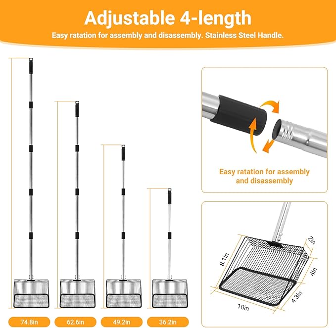 Large Metal Chicken Poop Scooper, 36 to 75" Adjustable Long Chicken Coop Litter Scoop with Stainless Steel Handle, Durable Sand Sifting Litter Shovel for Chicken Coops & Small Farm Animals-Mewly Pet