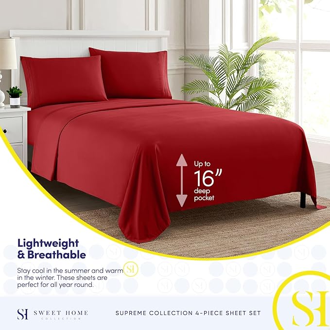 Full Size Sheet Sets - Breathable Luxury Sheets with Full Elastic & Secure Corner Straps Built In - 1800 Supreme Collection Extra Soft Deep Pocket Bedding Set, Sheet Set, Full, Red