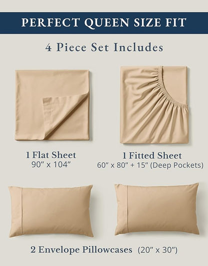 LANE LINEN 100% Organic Cotton Queen Size Sheets Set, Eco Friedly Mercerized Fully Elasticized Queen Sheets, Naturally Temperature Regulating Cooling Cotton Sheets- Linen