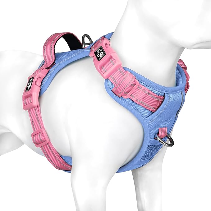 PHOEPET No Pull Dog Harness, Unique Colors Reflective Adjustable Dog Vest, with Soft Training Handle Metal Clips for Small Medium Large Dogs (Baby Blue Base & Pink Straps,S)-Mewly Pet
