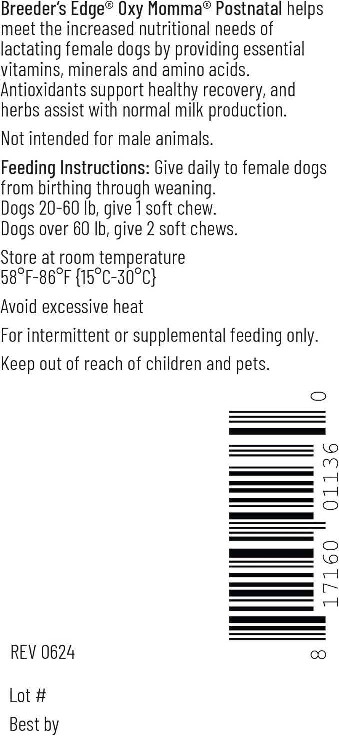 Breeder's Edge Oxy Momma- Nursing & Recovery Supplement- for Medium & Large Dogs- 40ct Soft Chews-Mewly Pet
