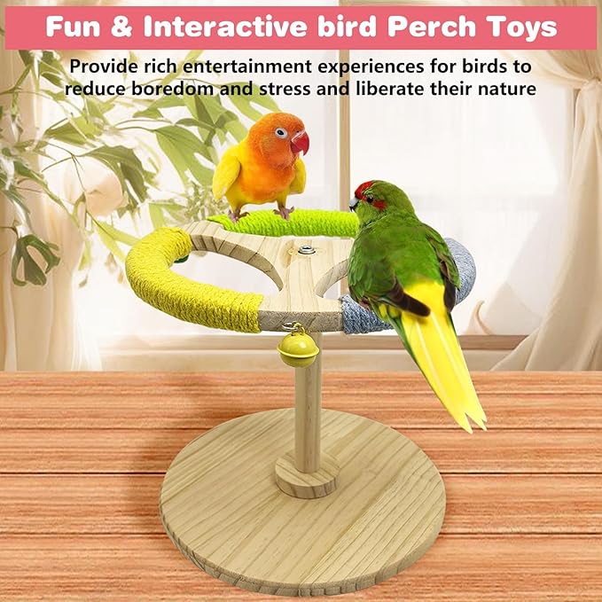 PINVNBY Bird Stand Perch Toy Wooden Spinning Parrot Perch with Cotton Rope and Bell Interactive Cockatiel Toy Bird Cage Accessories for Parakeets Conures Budgies Finches Lovebirds-Mewly Pet