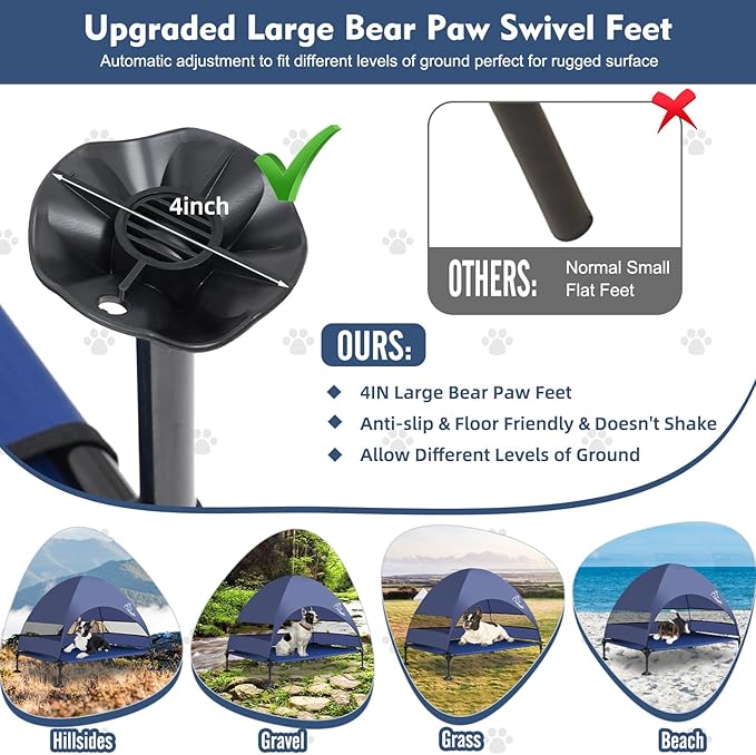 Upgraded Elevated Dog Bed with Canopy, Portable Raised Outdoor Dog Bed with Stable Anti-Slip Feet, Wider Shade Pet Bed Cot, Raised Dog Beds for Large Dogs Camping, Indoor & Outdoor Use-Mewly Pet