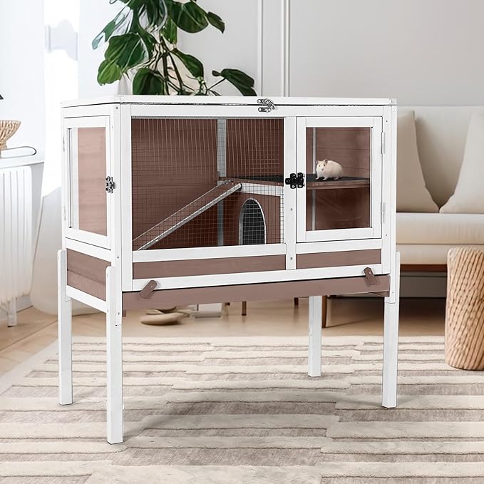 Guinea Pig Cage with Wooden Stand,Indoor Rabbit Hutch with 2 Stories,Hamster Cage with Anti Chew Ramp,Hideout, Platform, Pull Out Tray (Brown)-Mewly Pet