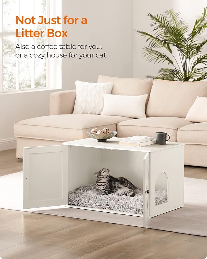 Feandrea Cat Litter Box Enclosure, Litter Box Furniture Hidden with Removable Divider, Indoor Cat House, End Table, 31.5 x 20.9 x 19.7 Inches, White UPCL002W01-Mewly Pet