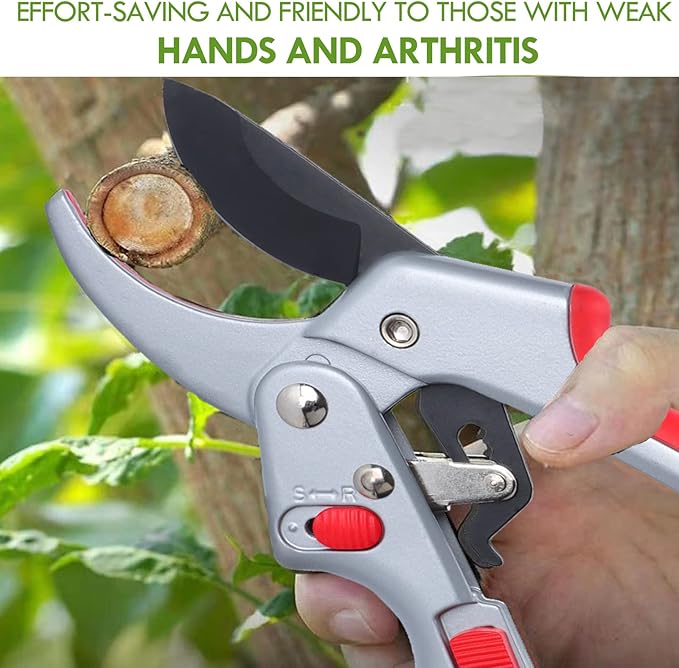 Garden clippers, premium Germany pruners, Work 3 times easier, professional ratchet pruning shears, cutting rose, flower, hedge, stem, tree, Sharp gardening scissors, Arthritis weak hand snips-Mewly Pet