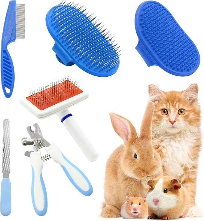 Pet Grooming Kit with Slicker Brush Bath Massage Glove Brush Pet Shedding Comb Nail Clipper Trimmer 6 Piece Set for Rabbit Kitten Guinea Pig Cat Chinchilla Ferret Small Animals-Mewly Pet