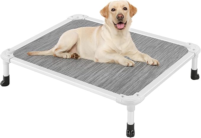 Veehoo Chew Proof Elevated Dog Bed - Cooling Raised Pet Cot - Silver Aluminum Frame and Durable Textilene Mesh Fabric, Unique Designed No-Slip Feet for Indoor or Outdoor Use, Black Silver, Medium-Mewly Pet