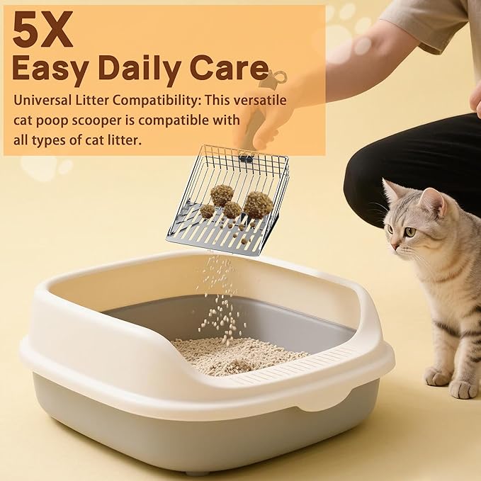 Heavy Duty Stainless Steel Cat Litter Scoop with Holder - Non-Slip Handle, Quick-Sifting Grid & Easy to Clean-Mewly Pet