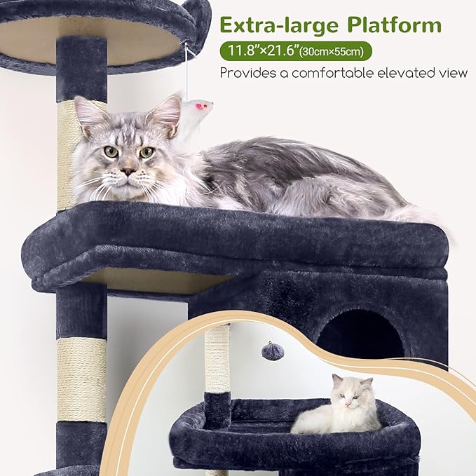 Globlazer Heavy Duty Cat Trees for Large Cats, Sturdy 72in Maine Coon Cat Tree for Large Cats 20 lbs+ Heavy Duty Cat Tower for Adult Biggest Cat with 6 Scratching Posts, Hammock, S72, Smoky Gray-Mewly Pet