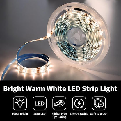 iNextStation 12V LED Light Strip IP65 Waterproof Warm White LED Strip Lights 16.4ft/5m Cuttable 300 SMD 2835 LED Tape Flexible Led Lights for Bedroom Outdoor Indoor Decor (Power Adapter not Included)