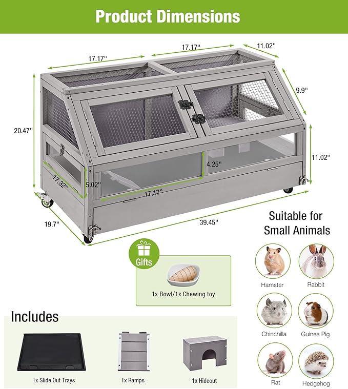 GUTINNEEN Guinea Pig Cage, Hamster Cage with Chew-Proof Aluminum Edges & Leak-Proof PVC Layer, Small Animal Cage with 4-Wheel Design, Acrylic/Mesh Panels for Ferrets, Rats-Mewly Pet