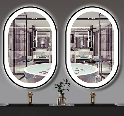 32 x 20 Inch Black Oval LED Mirror for Bathroom Salon Wall Horizontal/Vertical Mounted 32 Inch Black Frame Oval Lighted Mirror with Lights Smart Memory 3 Color Dimmable Front Lights Antifog