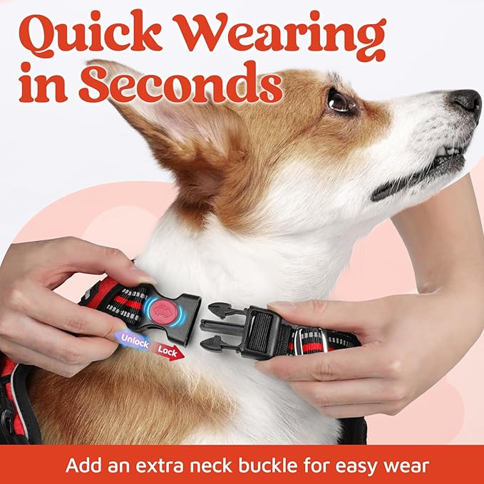 rabbitgoo Dog Harness for Large Dogs, No Pull Pet Vest with 3 Buckles, Adjustable Soft Padded Pet Harness with Easy Control Handle and Reflective Strips, Red, XL-Mewly Pet