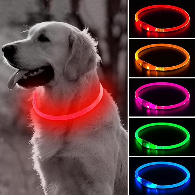 BSEEN Light Up Dog Collar - Rechargeable LED Dog Collar - 360° Glow in The Dark Pet Collar for Small Medium Large Dogs, TPU Cuttable Puppy Collar Safety Dog Lights for Night Walking (Red 70cm)-Mewly Pet