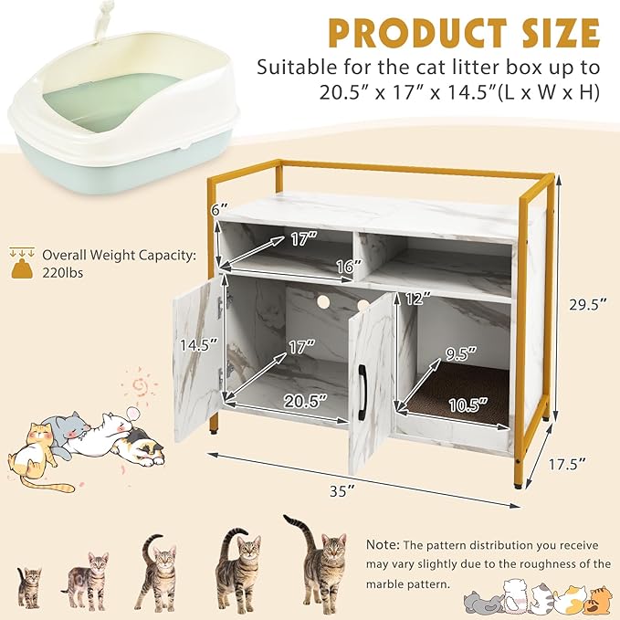Tangkula Litter Box Enclosure, Modern Cat Litter Box Furniture with Metal Frame, Scratching Board, Storage Compartment, Hidden Cat Washroom (Marble White)-Mewly Pet