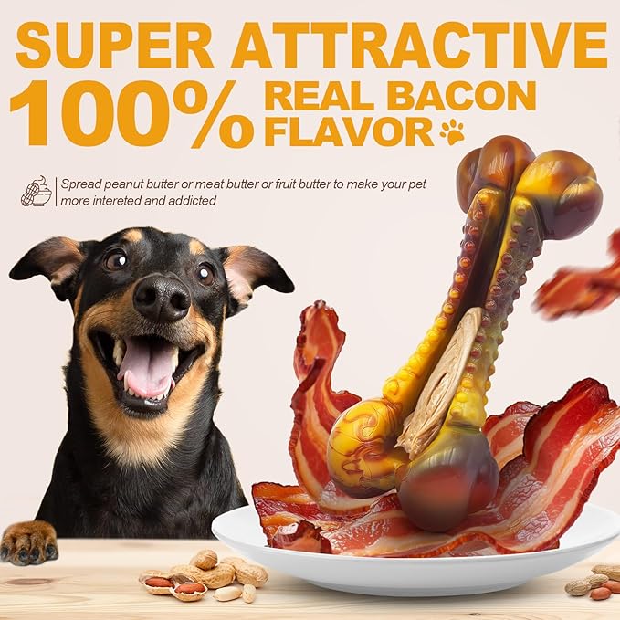 Dog Toys for Aggressive Chewers, Indestructible Dog Chew Toys for Large Medium Small Breed, Tough Nylon Interactive Durable Chew Toy Bone for Puppy Teething Toy Bacon Flavor, Best Gift&Keep Them Busy-Mewly Pet
