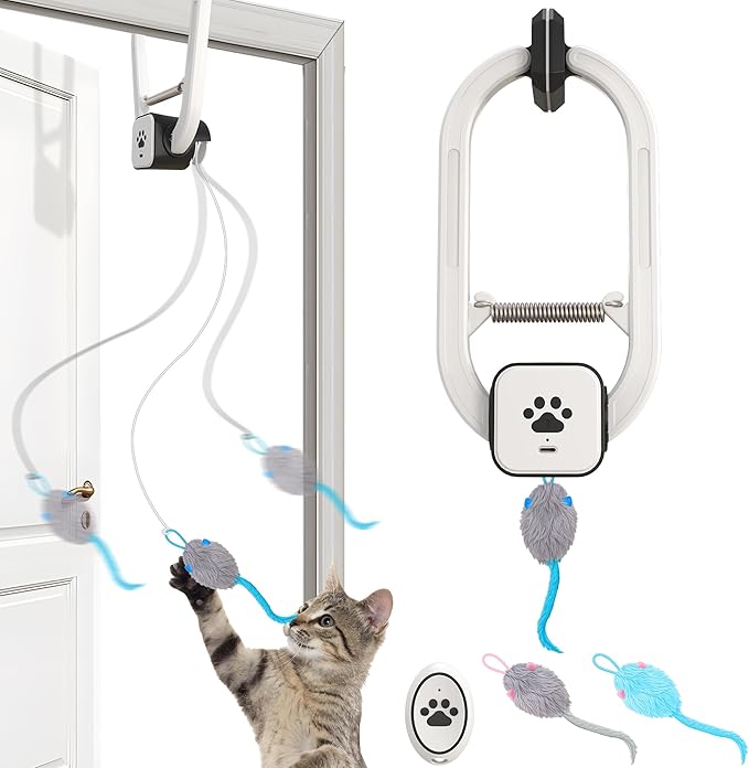 Cat Toy, Upgraded Smart Interactive Cat Toys with Remote Control, USB Rechargeable Door Hanging Retractable Kitten Toy for Self Play, Teaser Electronic Feather Cat String with 3 Plush Mice-Mewly Pet