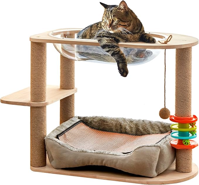 2 Tier Cat Tower,21.85 in cat Perch Wood cat condo with Hammock and Sisal Rope Scratcher Post Hanging Toy Balls for Indoor Large Cats Kittens (Grey)-Mewly Pet